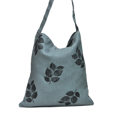 Linen tote bag in grey with leaf print