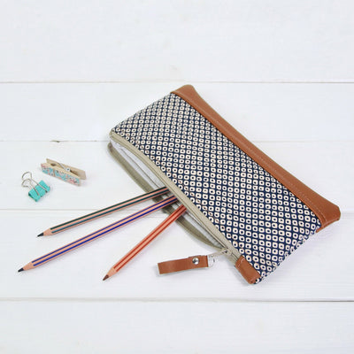 Recycled leather pencil case in navy Shibori