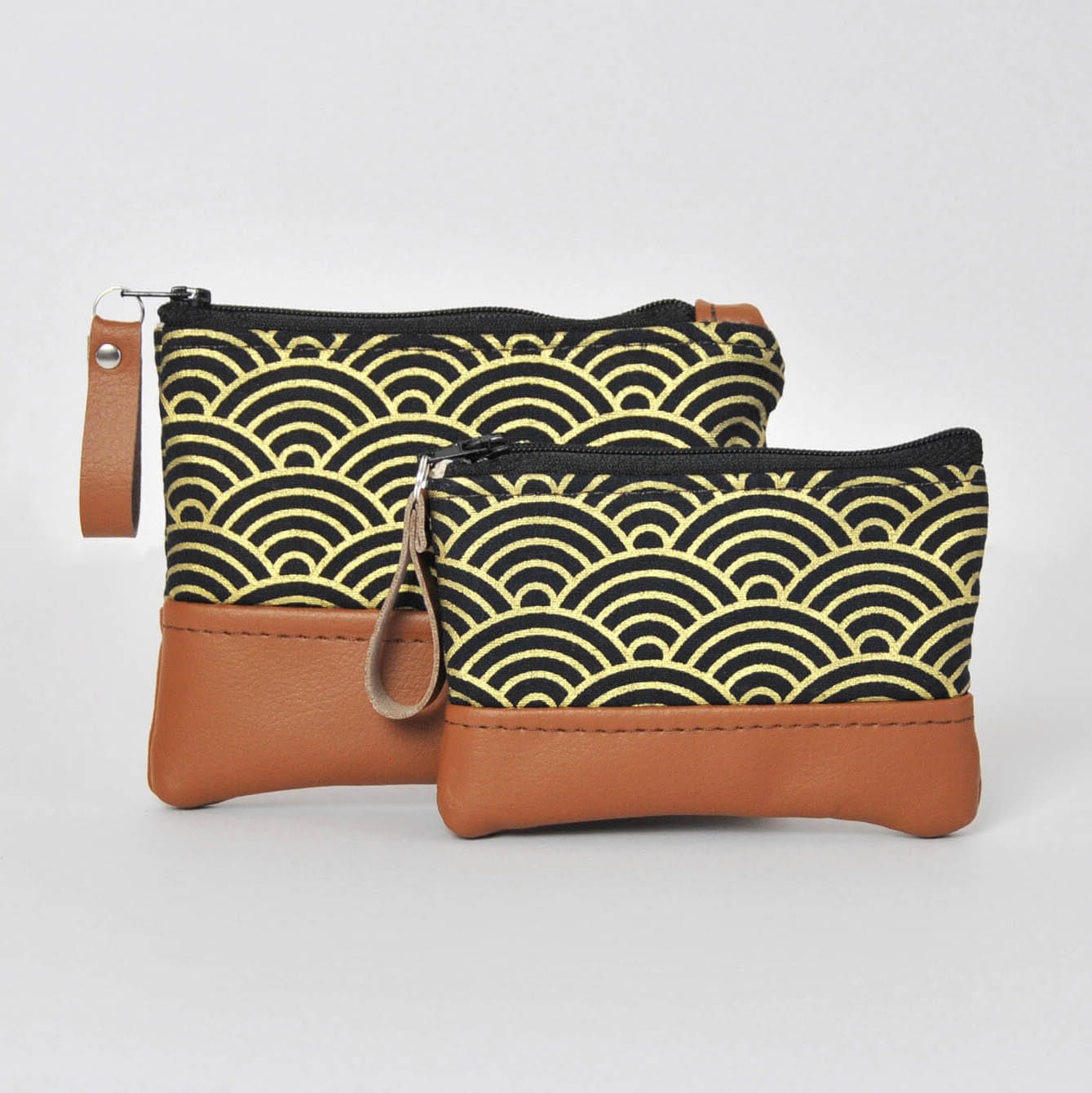 Recycled leather coin purses in black and gold Japanese wave fabric