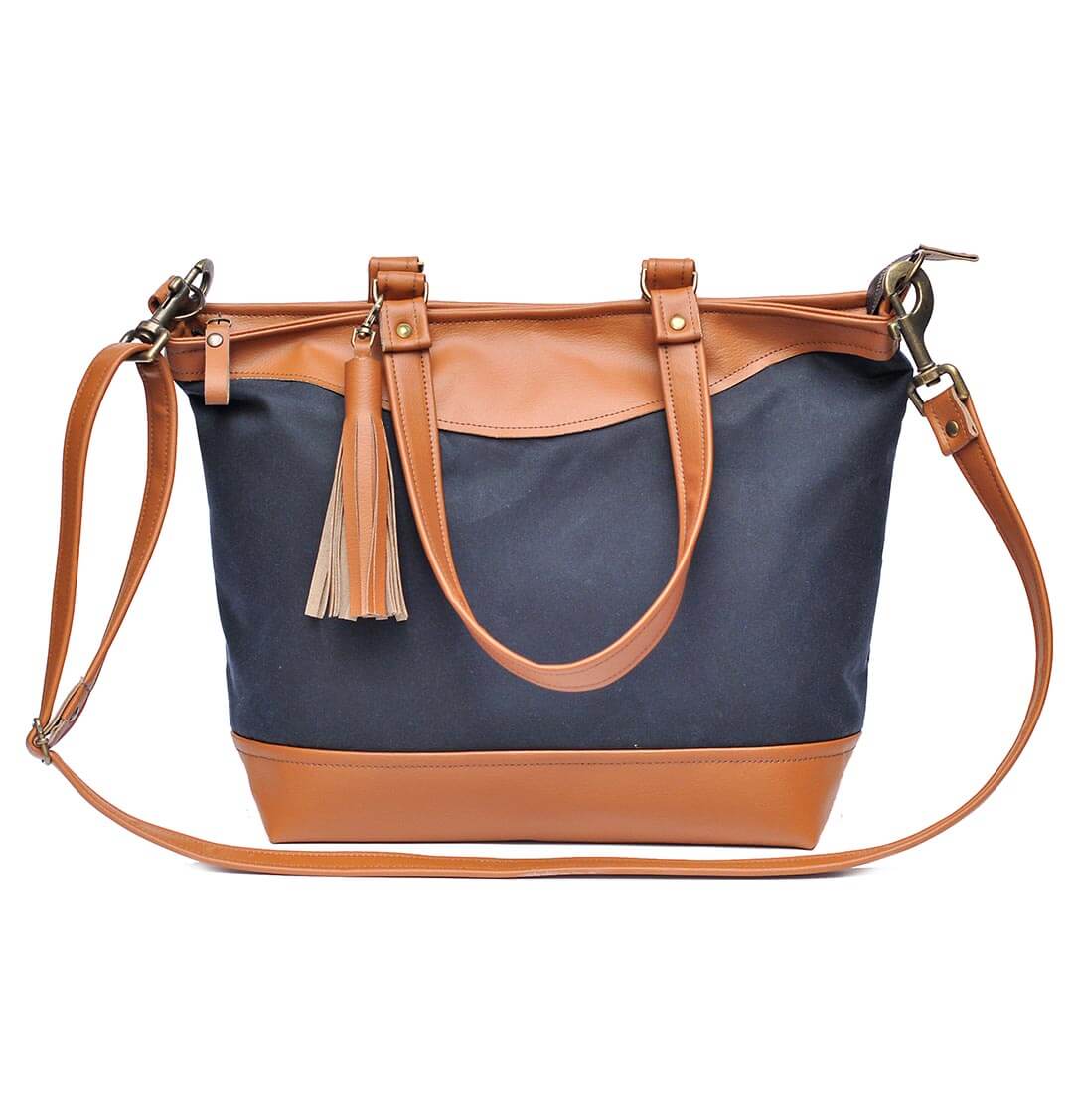 Large Georgina recycled leather shoulder and crossbody bag in navy wax canvas