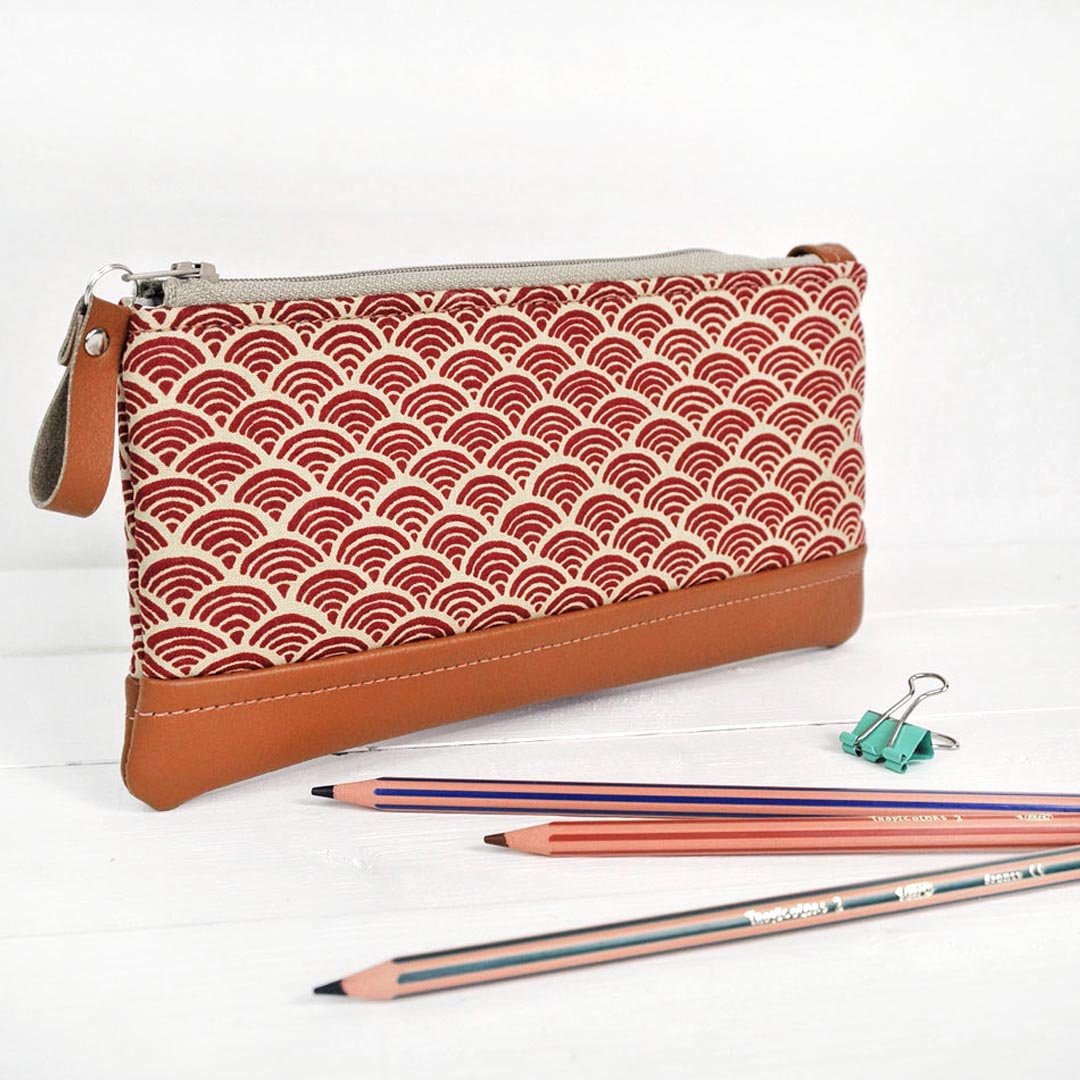 Recycled leather pencil case in red Japanese wave