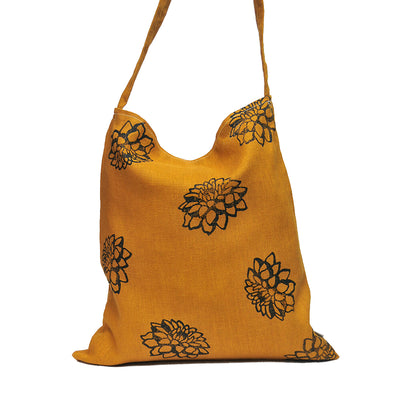 Linen tote bag in mustard yellow with Dahlia print