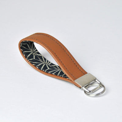 Recycled leather keychain with navy asanoha cotton interior