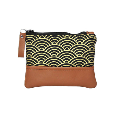 Recycled leather coin purse in gold Japanese wave fabric