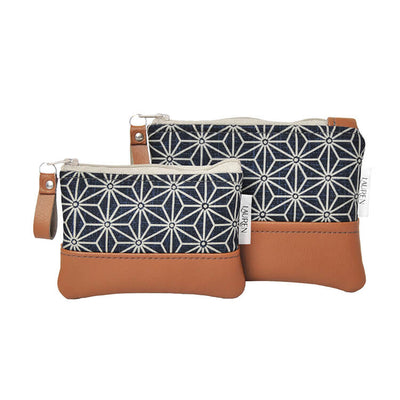 Recycled leather coin purse in navy asanoha cotton
