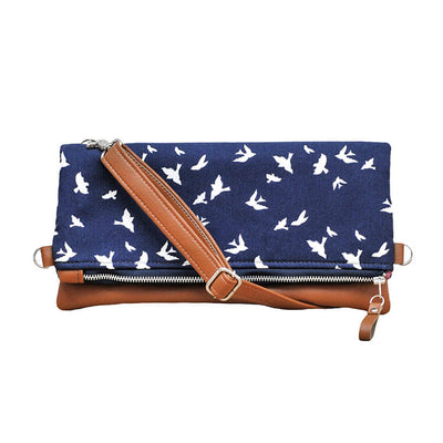 recycled leather fold over bag in navy bird