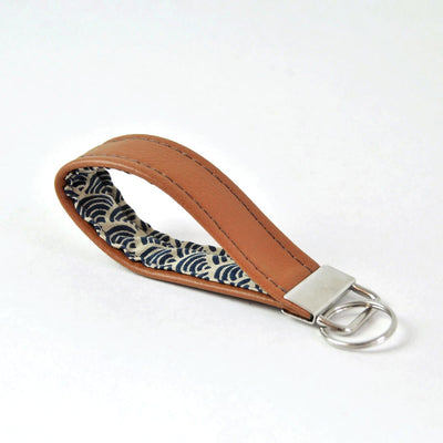 Recycled leather keychain in blue Japanese wave