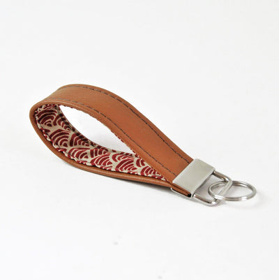 Recycled leather keychain in red Japanese wave fabric