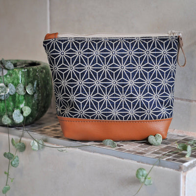 Recycled leather make up bag in navy asanoha