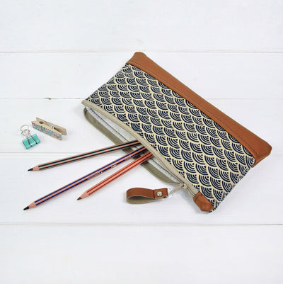 Recycled leather pencil case in blue Japanese wave fabric