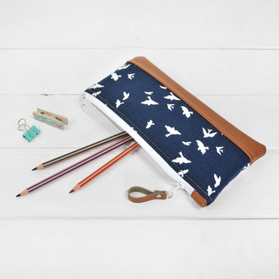 Recycled leather pencil case in navy bird fabric