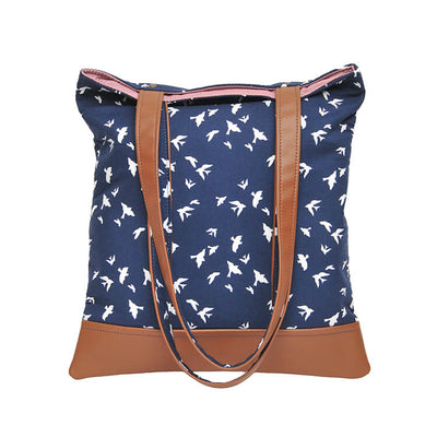 recycled leather shopper tote in navy bird fabric