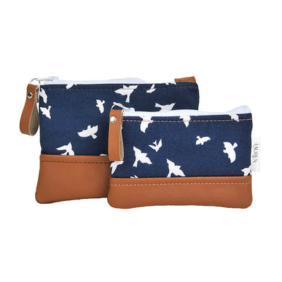Recycled leather coin purse navy bird