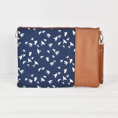 recycled leather laptop case in navy bird